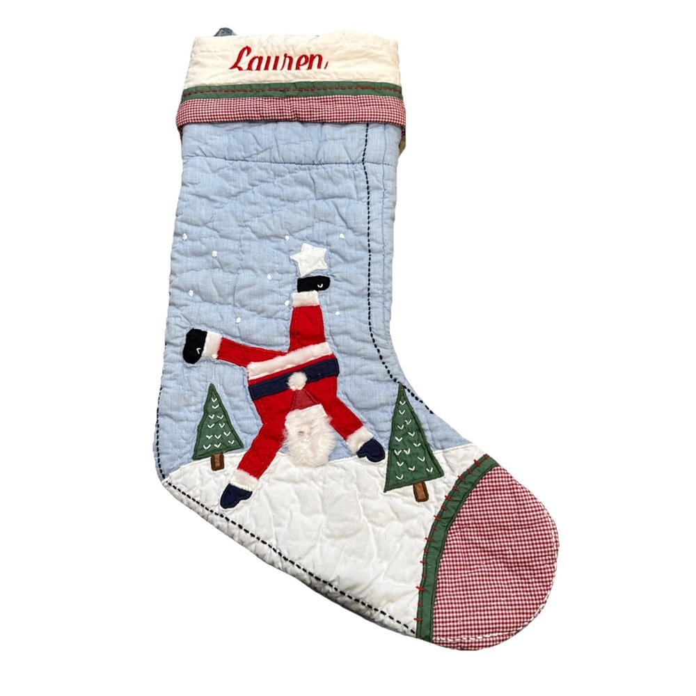 Pottery Barn Kids Quilted Christmas Stocking Santa Blue Gingham "Lauren"